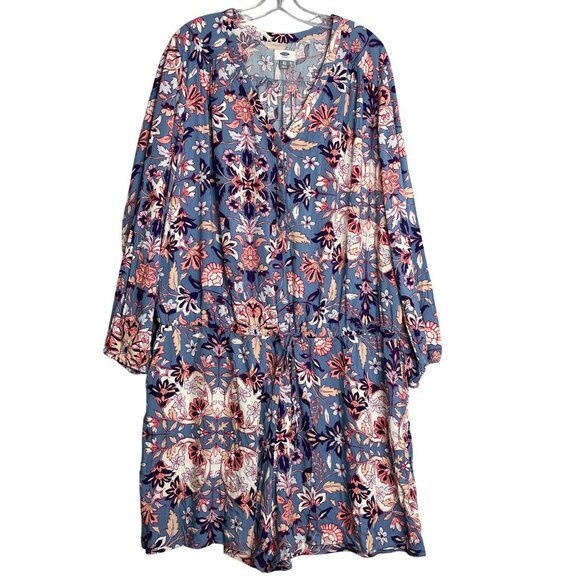 New Old Navy Long Sleeve Floral Printed Romper Womens XXL‎ Blue Pink Preppy - Picture 1 of 10